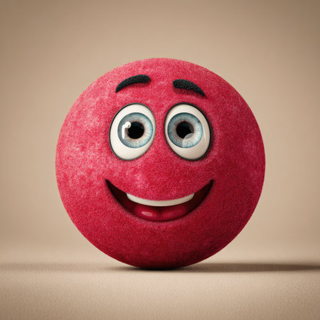 A cheerful, red, round character with a wide smile and large blue eyes, on a tan surfaceの素材