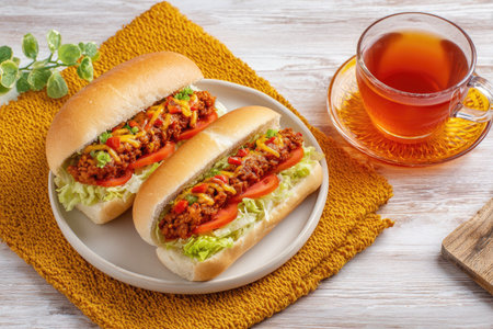 Two loaded hot dogs, tea, and greenery presented on a textured surfaceの素材