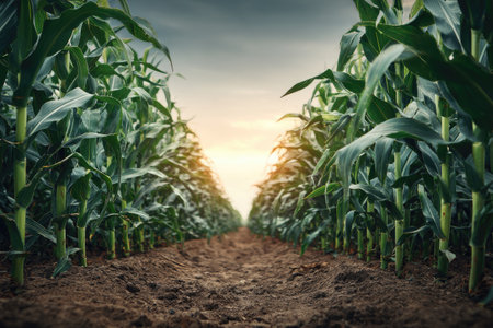 View down rows of tall, green plants in a field towards a bright, sunny horizonの素材