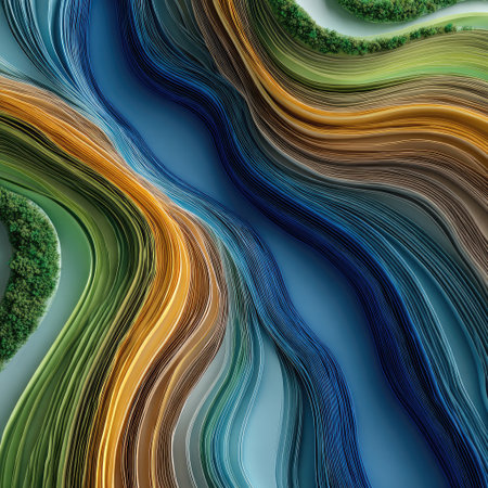 Abstract layered paper art, portraying a river flowing through rolling, colorful landscapesの素材