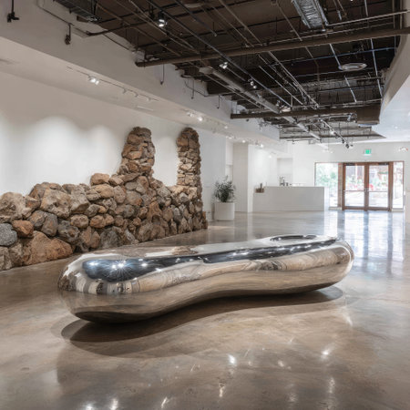Modern interior with polished metallic bench, stone wall, and open spaceの素材