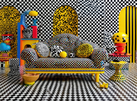 A vibrant interior featuring a patterned sofa, eclectic decor, and contrasting black/white checkered wallsの素材