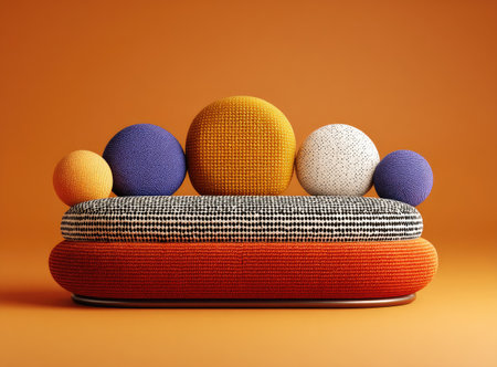 Vibrant, abstract sofa with rounded cushions in various textures and colors, set against orangeの素材
