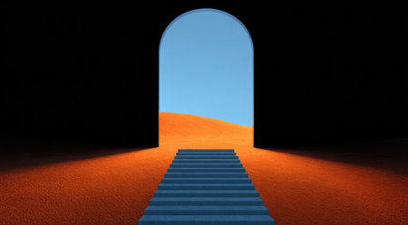 A dark doorway frames a stairway leading to a desert vista and clear skyの素材