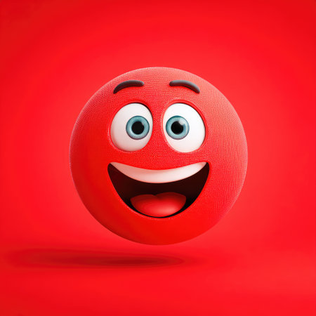A cheerful, rounded, red face with a wide open mouth, blue eyes and a simple, neutral backgroundの素材