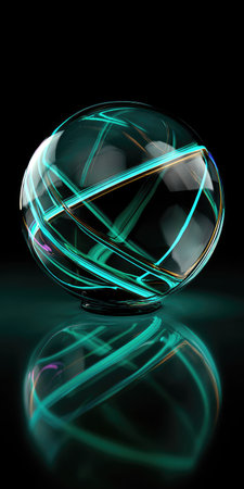A glowing, transparent orb with neon streaks and a dark background reflects its complex designの素材