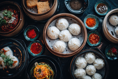 Overhead shot of a spread featuring diverse Asian dumplings, small dishes, and sauces on a dark surfaceの素材