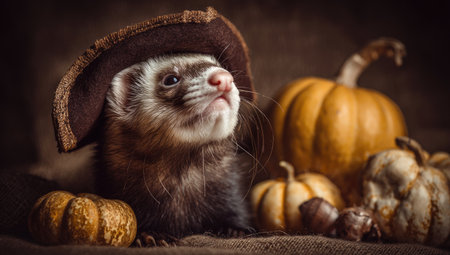Ferret in tricorn hat with pumpkins, staged on burlap, looking upward with cute expressionの素材
