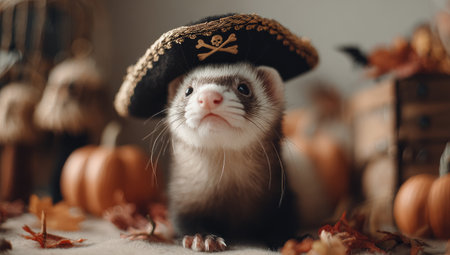 Ferret in pirate hat with pumpkins and fall foliage, looking directly at the cameraの素材