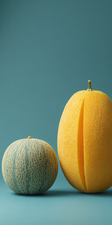Two melons, one halved, sit on a teal backdrop, evoking a sense of simplicity and freshnessの素材
