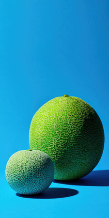 Two green spherical objects sit on a vibrant blue background, casting shadowsの素材