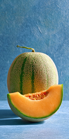 A whole melon stands with a cut slice showing orange flesh, set against a textured blue backgroundの素材