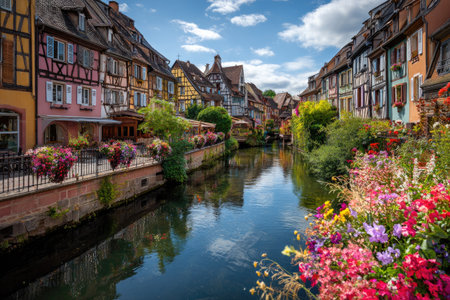 Scenic view of colorful half-timbered buildings flanking a canal filled with reflectionsの素材