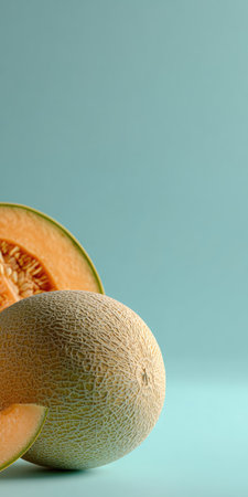 Cantaloupe fruit against a light blue backdrop, displaying sections and textureの素材