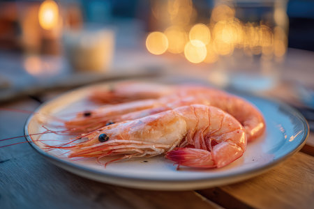 Close-up of cooked prawns on a plate, outdoors with bokeh lights in the backgroundの素材