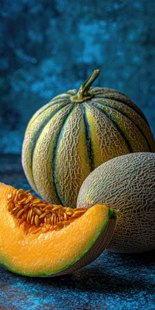Close-up of cantaloupes one whole, one partial, and a slice showing seeds. Blue backgroundの素材