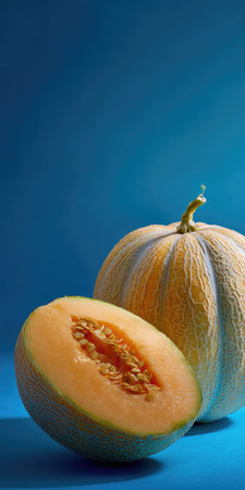 Two cantaloupes on a blue backdrop, one sliced open showing the seeds and orange fleshの素材