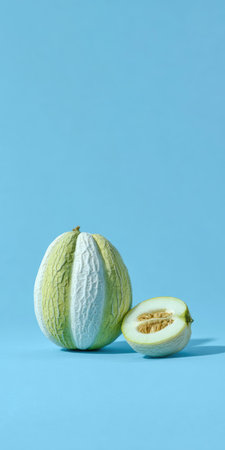 A whole and halved striped melon sits on a light blue background.  A bright shadow is castの素材