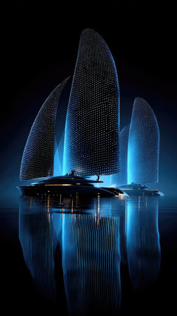 Futuristic boat design featuring three large, abstract sails over calm, reflective watersの素材