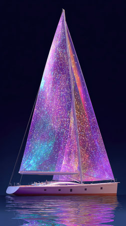 A sailboat with a vibrant, starry sail reflecting onto the water against a dark backdropの素材