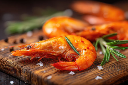 Close-up of grilled orange shrimp on a wooden board with rosemary, salt, and pepperの素材