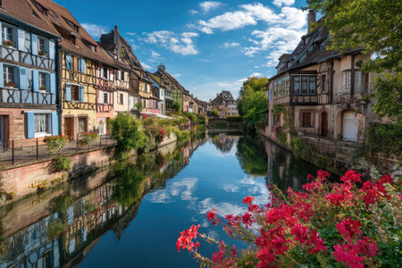 A canal lined with vibrant half-timbered houses, reflecting in the tranquil water under a blue skyの素材