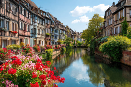 Idyllic waterside view of colorful half-timbered buildings with flower-filled balconiesの素材