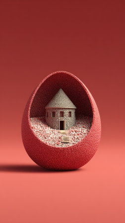 Miniature stone house inside an egg-shaped structure, on a red backgroundの素材