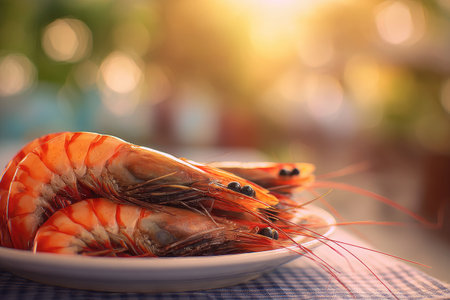 Close-up of cooked shrimp on a plate, with blurred background and sunlightの素材
