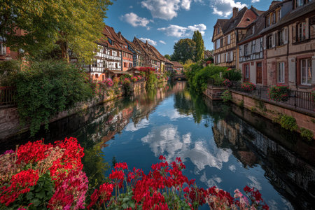 Charming European village scene waterway reflects timber-framed buildings, flowers, and blue skyの素材
