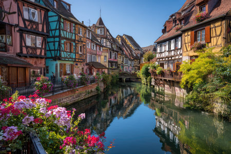 Picturesque canal scene with colorful, half-timbered buildings and vibrant flowersの素材