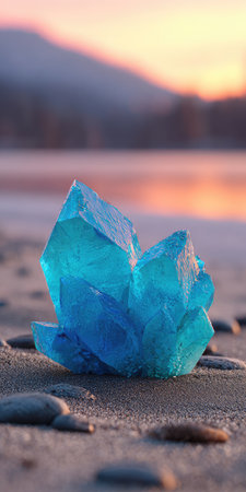 A blue, crystalline structure rests on a sandy surface with a blurred, sunset-lit backgroundの素材