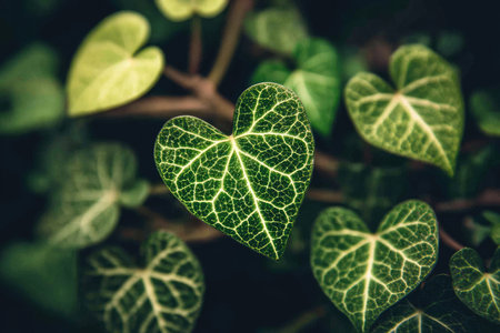 Close-up of heart-shaped leaves with detailed veining, varying shades of green, natural lightingの素材