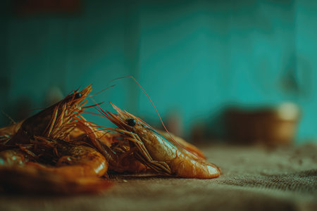 Close-up of cooked shrimp on burlap, with a blurred blue backgroundの素材
