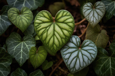 Close-up of heart-shaped leaves, varying shades of green, with intricate veining, and texturesの素材