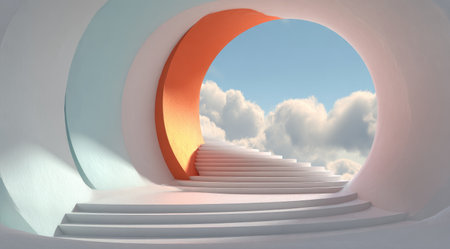 Circular architectural design with staircase leading to cloudy sky framed by orange accentの素材