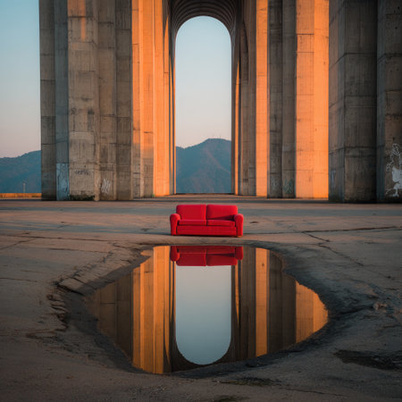 A vibrant red couch sits centered under large concrete arches, reflected in a puddleの素材