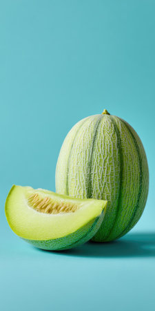 A green melon and a slice are on a light blue background, side by side, well-lit with shadowsの素材
