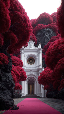 Ornate white church framed by vibrant red foliage, with a pink carpet pathの素材