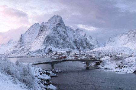 Snow-covered mountains tower over a bridge and small village in a fjord. Pale skyの素材