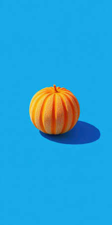 A small, orange, ribbed sphere sits on a bright blue background, casting a shadowの素材
