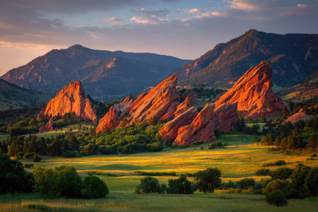 Majestic rock formations glow at sunrise, framing a lush meadow and rolling mountain rangeの素材