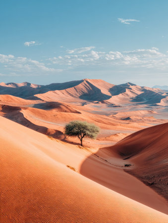 A lone tree stands in a red sand desert, framed by rolling dunes under a blue skyの素材