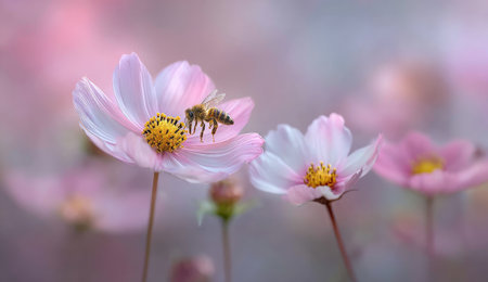 A bee on a cosmos flower with other blooms in soft pink, surrounded by a blurred backgroundの素材
