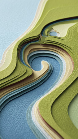 Layers of colorful paper mimicking a landscape, focusing on a meandering streamの素材