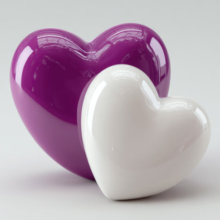 Two glossy, heart-shaped objects, one purple, one white, resting against each otherの素材