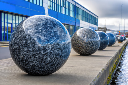 Row of large stone spheres along a waterfront walkway, with industrial building backgroundの素材