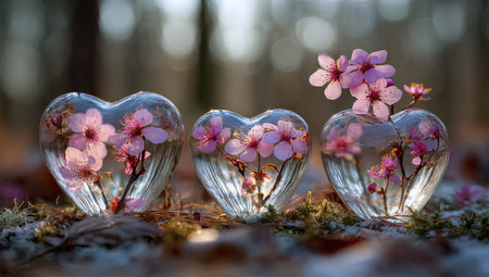 Three heart-shaped vases with cherry blossoms nestled in a forest setting, soft focusの素材