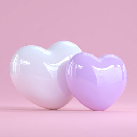 Two glossy, heart-shaped objects, white and lavender, sit on a pink surface, soft lightingの素材