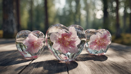 Three heart-shaped glass containers hold cherry blossoms on a weathered wood surface, forest blurredの素材